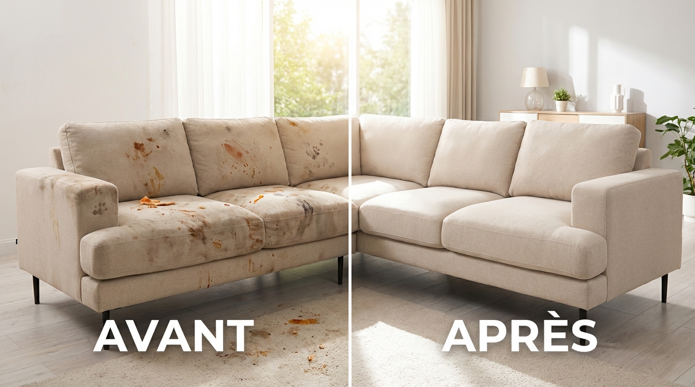 Comment Nettoyer un Canapé en Tissu : Guide Complet 2026 1 Avant et après nettoyage professionnel canapé en tissu