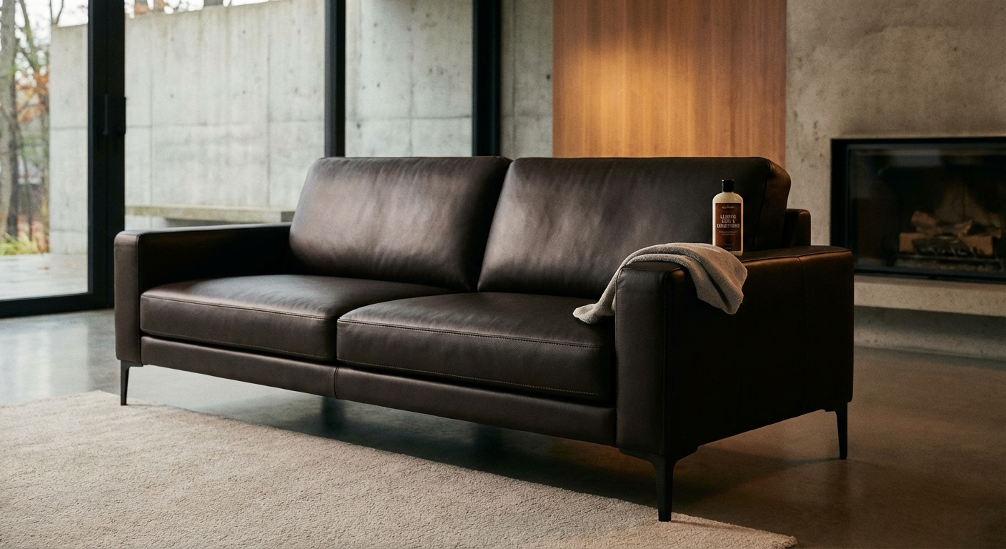 Comment nettoyer un canapé en cuir : Guide professionnel 1 Canapé en cuir marron foncé avec produit d'entretien cuir