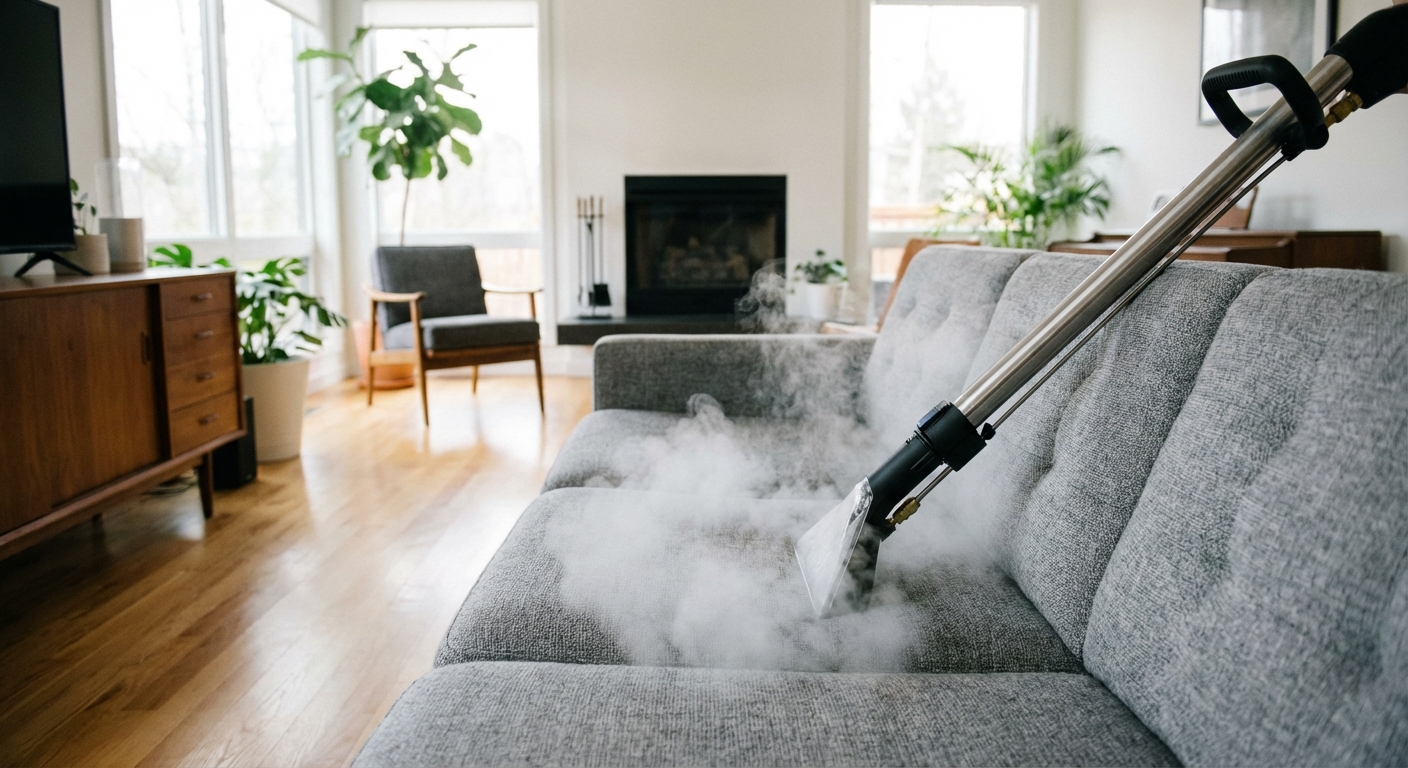 Nettoyage vapeur canapé : Guide complet 2026 1 Nettoyage vapeur canapé en tissu gris dans un salon moderne