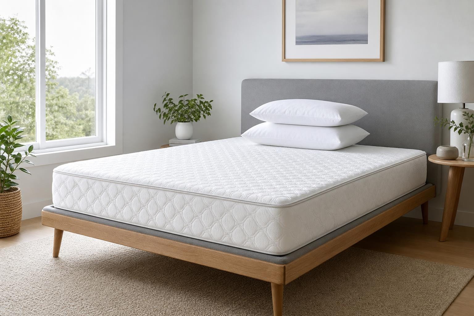 Matelas blanc propre et desinfecte dans une chambre moderne lumineuse