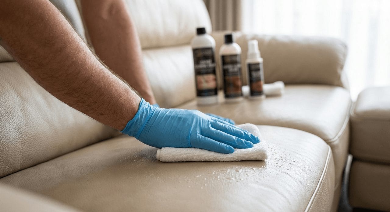 Technicien C’Clean nettoyant un canapé au domicile du client
